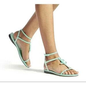 JIMMY CHOO Alodie Flat Nappa Patent Leather Sandals T Strap Logo Mint Green 9 39